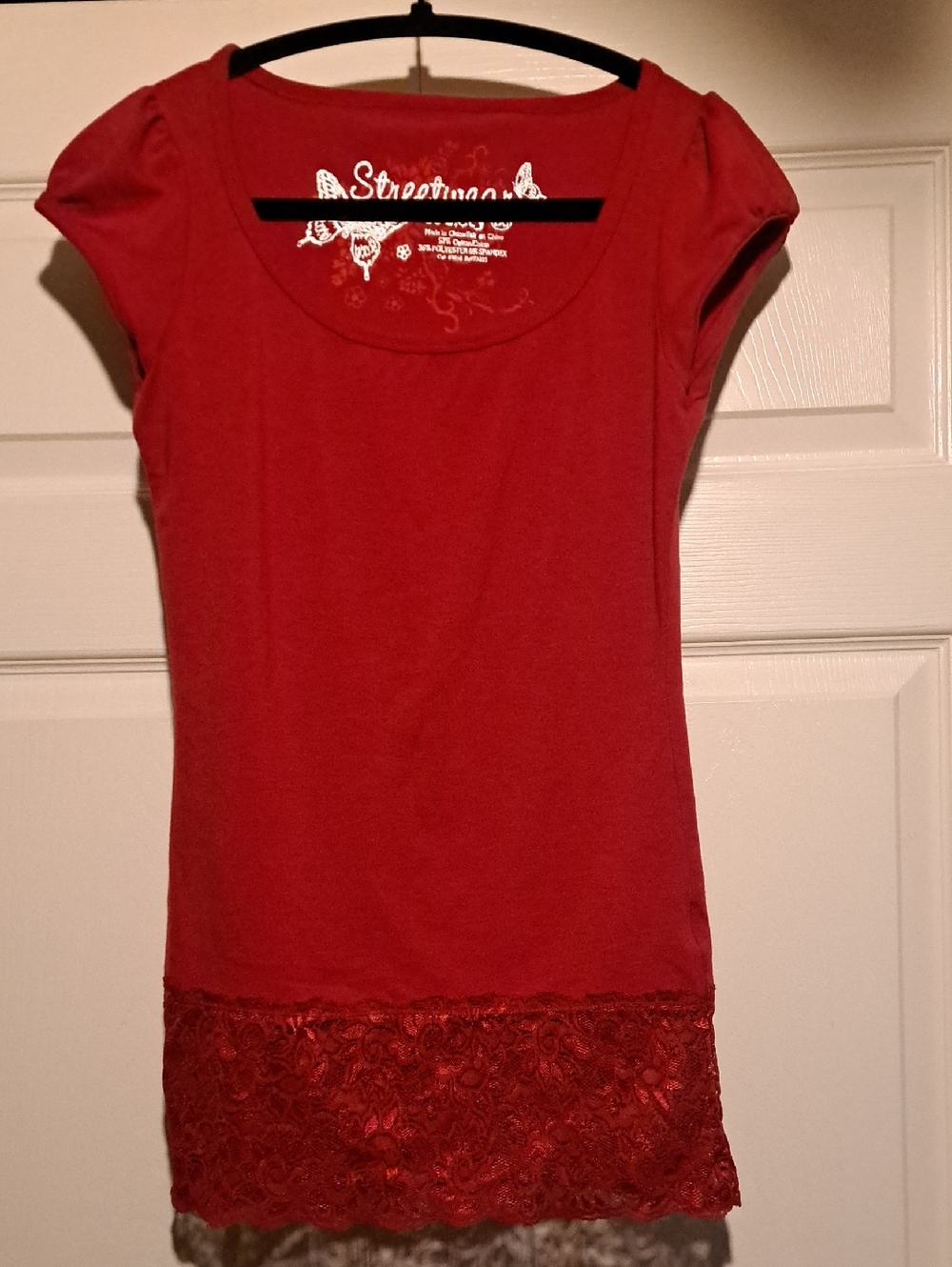 ♦️Streetwere Red Short Sleeve Top with Lace Hem 4 every day wear Casual & comfy